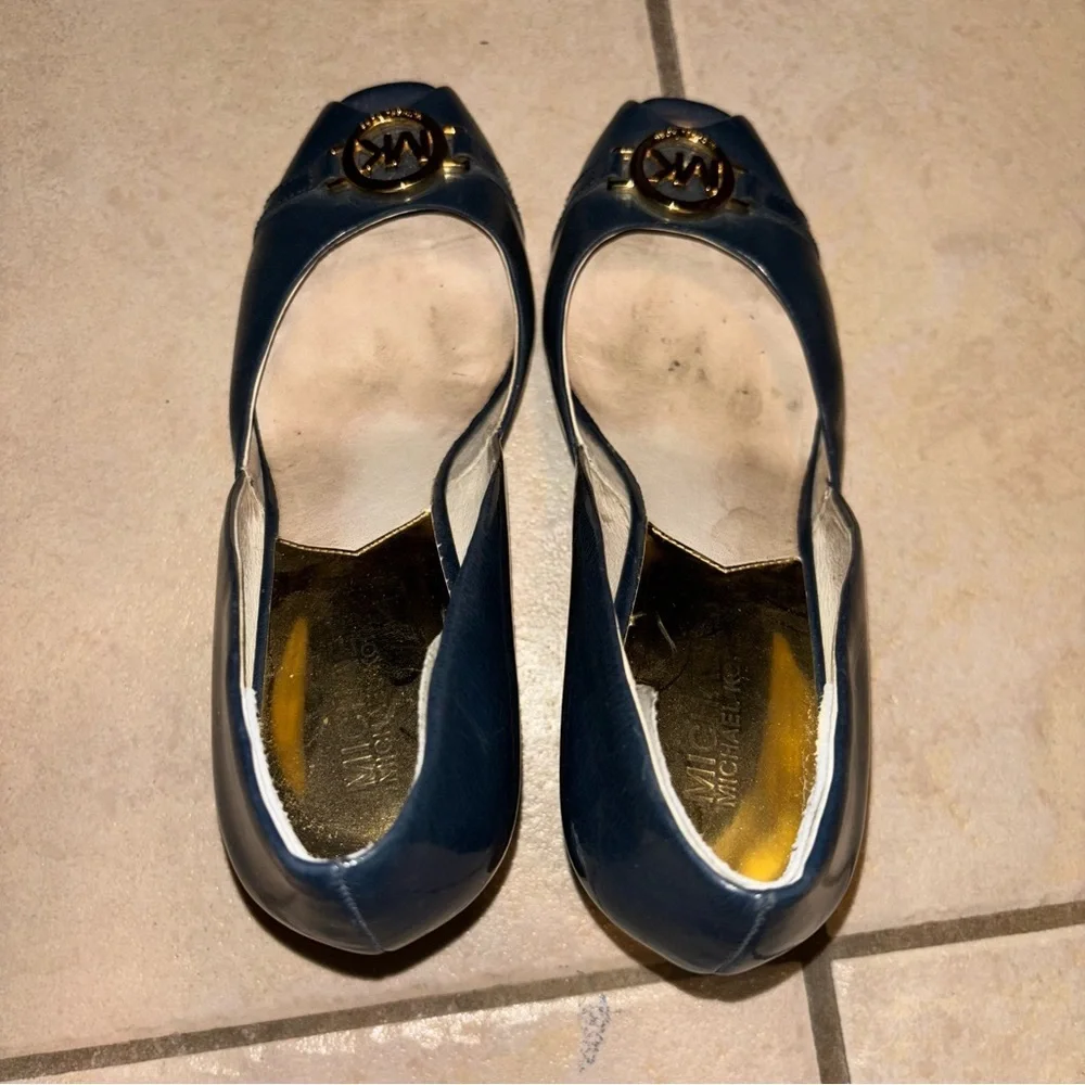 Michael Kors Rochelle Navy Blue Leather Peep Toe Striped Wedge Heel